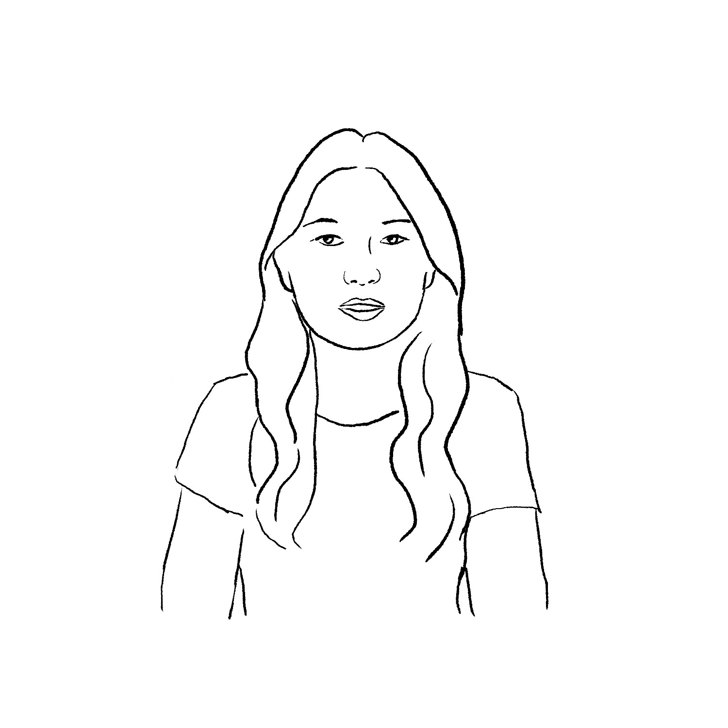 Lijntekening van een jonge vrouw met lang haar.
