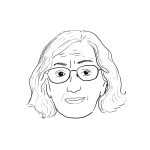 Lijntekening van een vrouw met halflang haar en een bril.