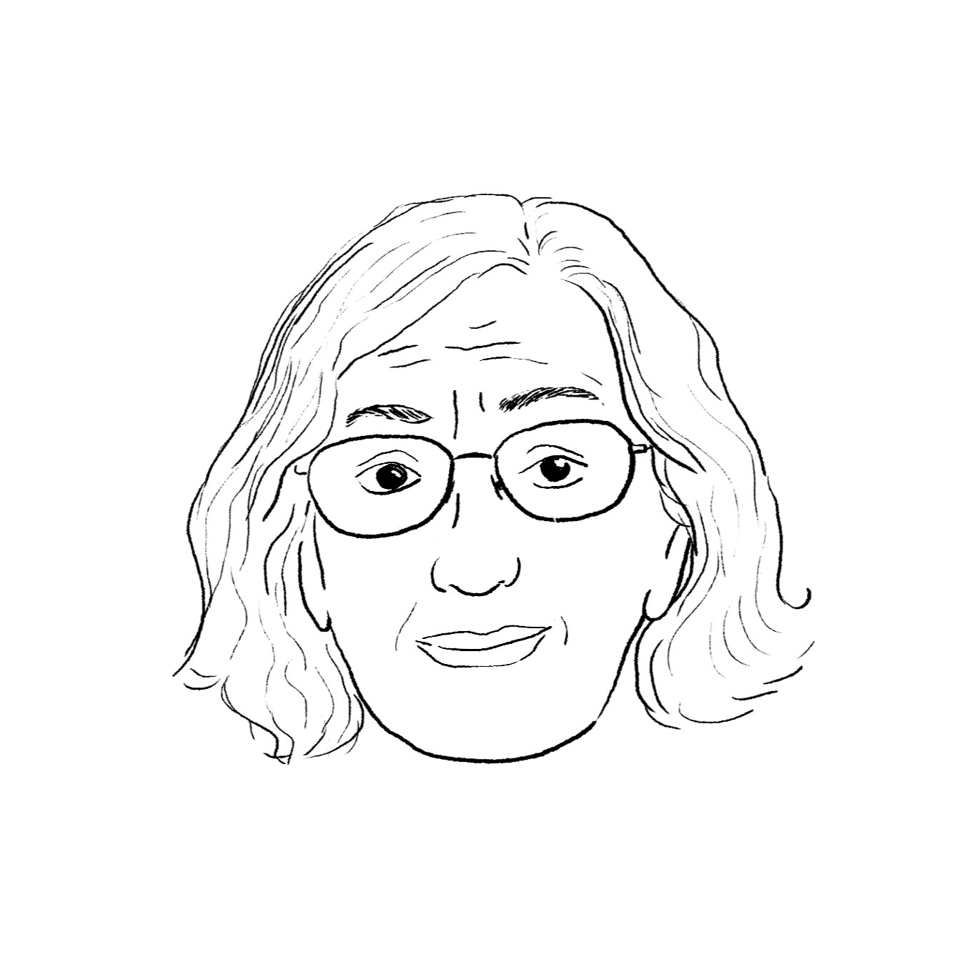 Lijntekening van een vrouw met halflang haar en een bril.