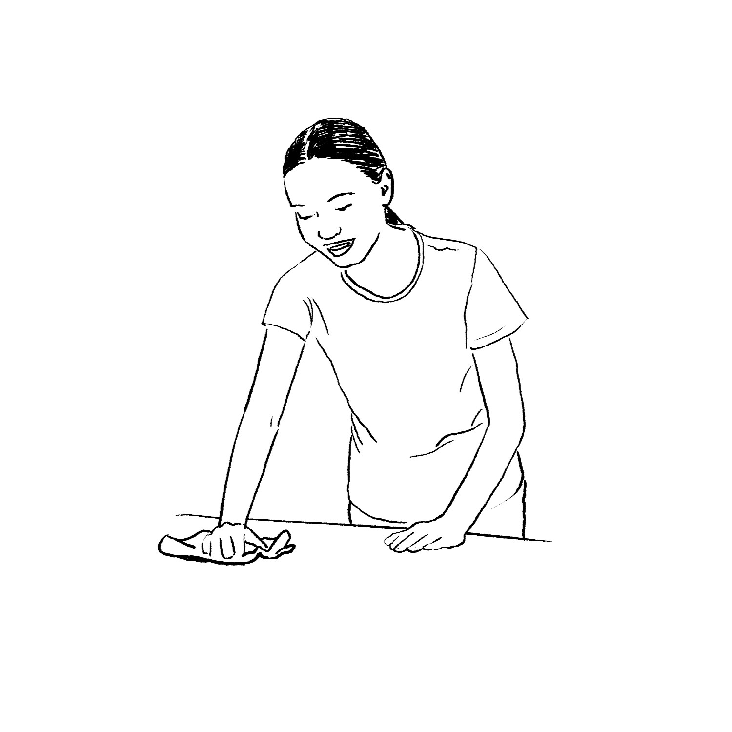 Lijntekening van een jonge vrouw die een tafel aan het schoonmaken is.